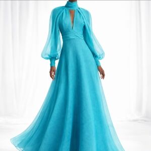 Monique Lhuillier Turquoise Silk Gown High Neck Puff Sleeve Romantic Size 4 NWT